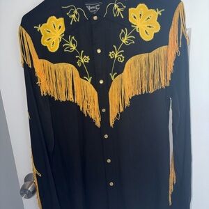 NWOT Men's Black Western Fringe Button-Down Shirt with Yellow Embroidery